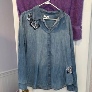 NWT BP Blue Button Down Shirt with Floral Embroidery and distressing
